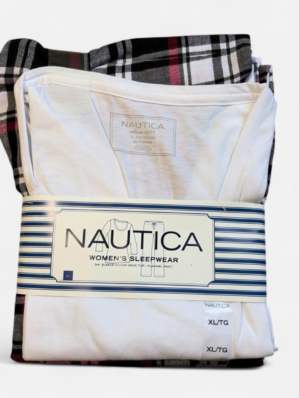 Nautica Women’s Pajamas Black Gray and Burgundy Plaid Pant White Top
